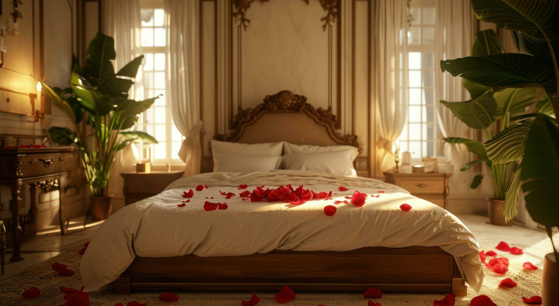 ai generiert rot Blütenblatt im das Center von das Bett, foto