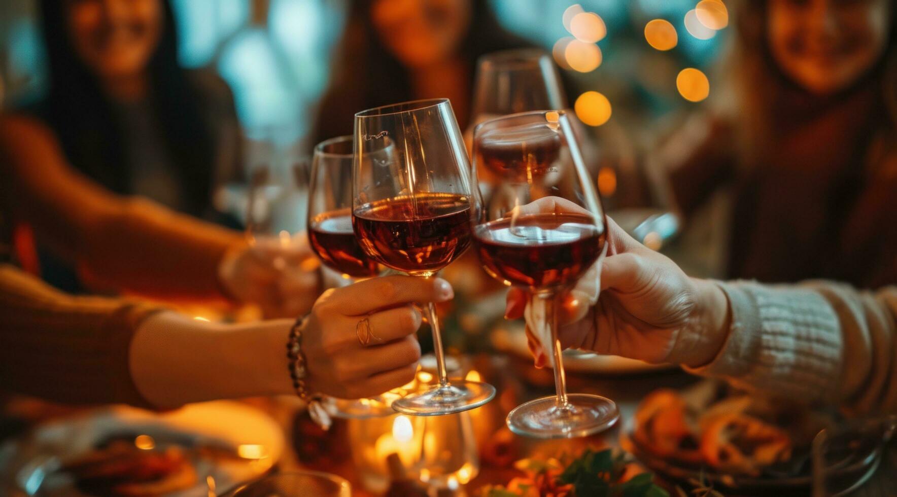 ai generiert Menschen beim ein Abendessen Tabelle trinken Wein foto