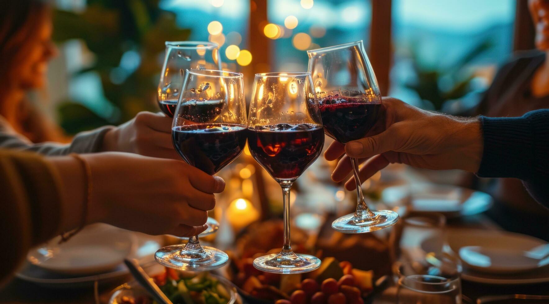 ai generiert Menschen beim ein Abendessen Tabelle trinken Wein foto