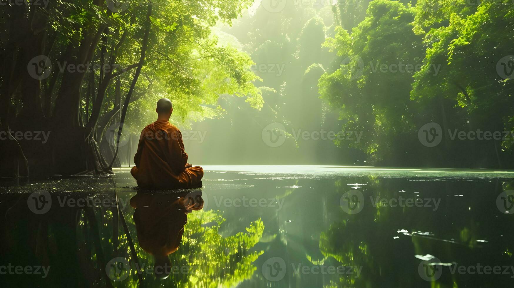 ai generiert Buddhist Mönch im Meditation neben ein See im das Urwald foto