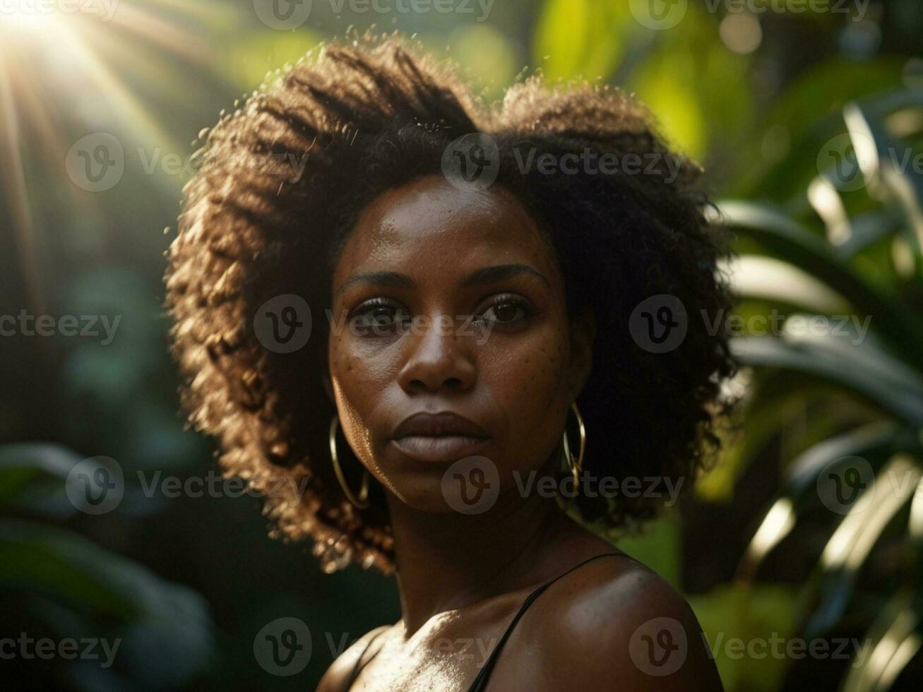 ai generiert draussen Porträt von ein schwarz Frau mit Sonne Licht foto