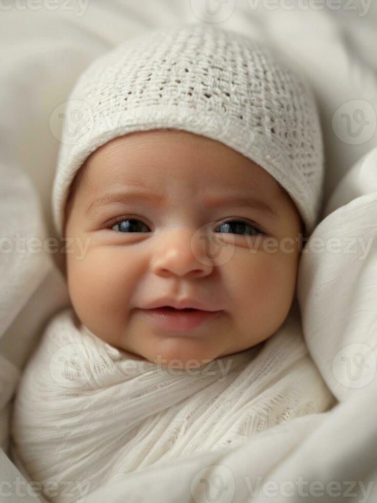 ai generiert friedlich Neugeborene Glückseligkeit ein heiter Babys Lächeln gefangen auf ein Weiß Bett, symbolisieren Gesundheit und Glück foto