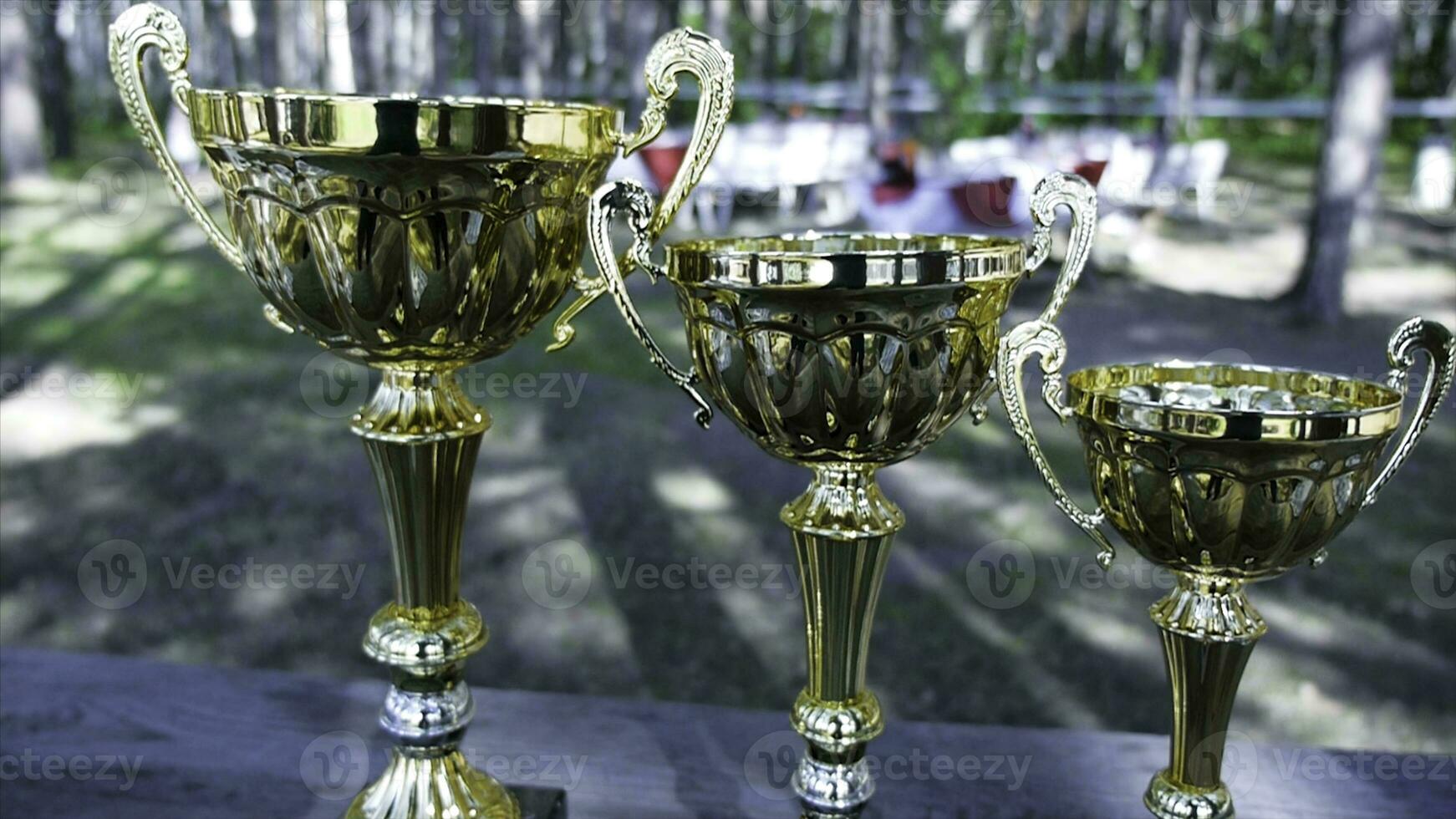 drei Gewinner Tassen von das frist zweite und das dritte Platz im das Podium, draussen. Clip. Trophäen foto