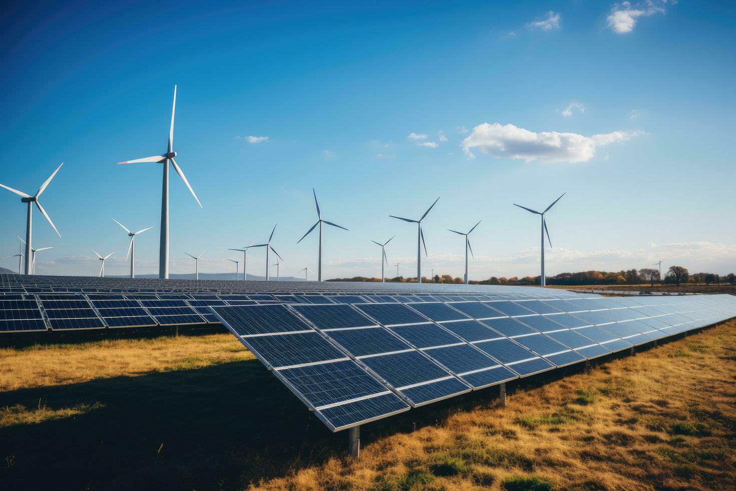 ai generiert Erstellen nachhaltig Energie mit Solar- Paneele und Wind Bauernhöfe ist Unternehmen freundlich. das Konzept von sauber und nachhaltig Entwicklung. generativ ai foto