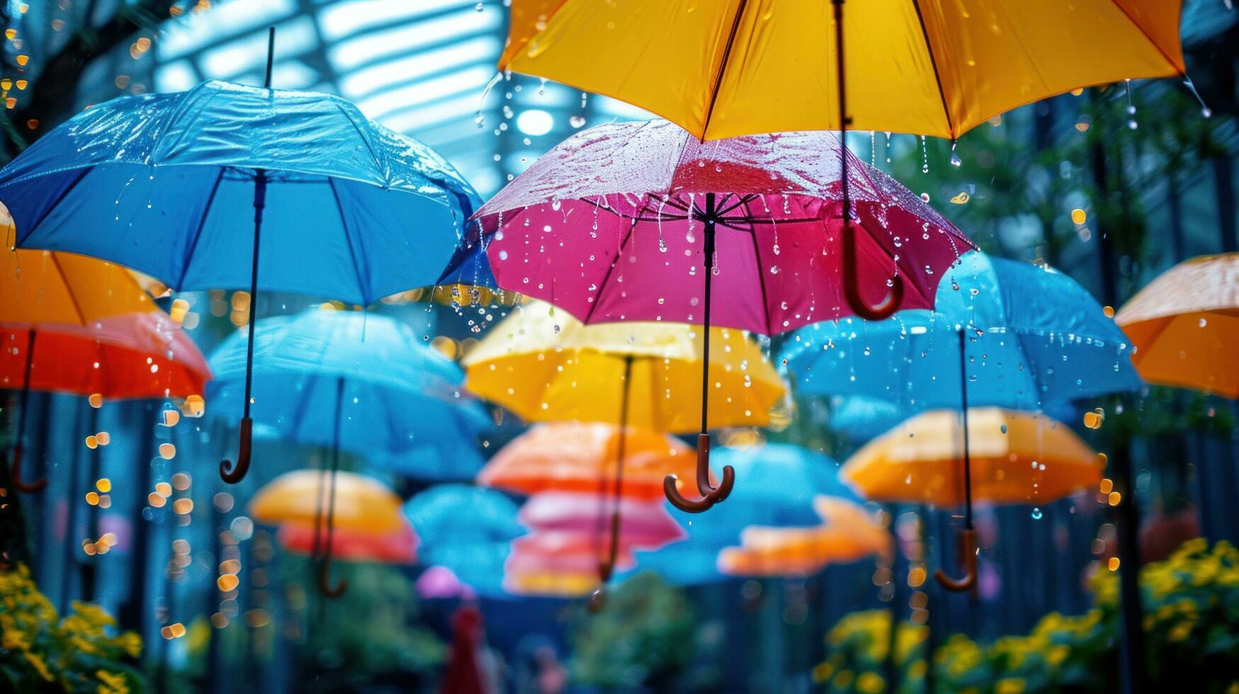 ai generiert bunt Regentropfen, Regenschirme, und strahlend Farbtöne erstellen ein heiter Frühling Anzeige foto