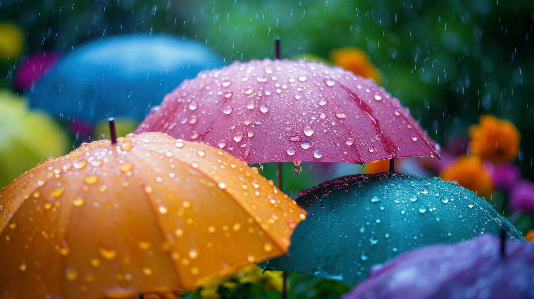 ai generiert bunt Regentropfen, Regenschirme, und strahlend Farbtöne erstellen ein heiter Frühling Anzeige foto