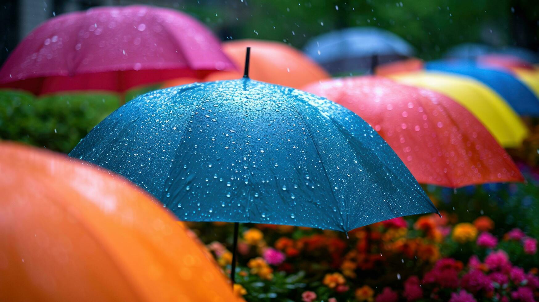 ai generiert bunt Regentropfen, Regenschirme, und strahlend Farbtöne erstellen ein heiter Frühling Anzeige foto