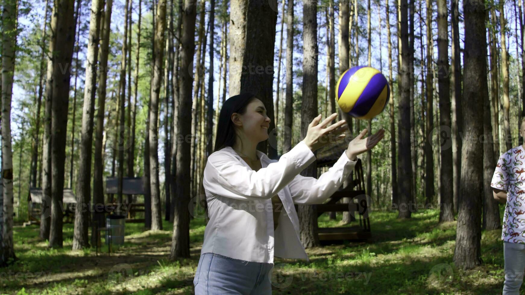 Gruppe von freunde ist haben Spaß spielen Volleyball. Lager Filmaufnahme. freunde sind spielen Volleyball im Wald Clearing. freunde im Kreis abspielen Volleyball im Wald auf sonnig Sommer- Tag foto