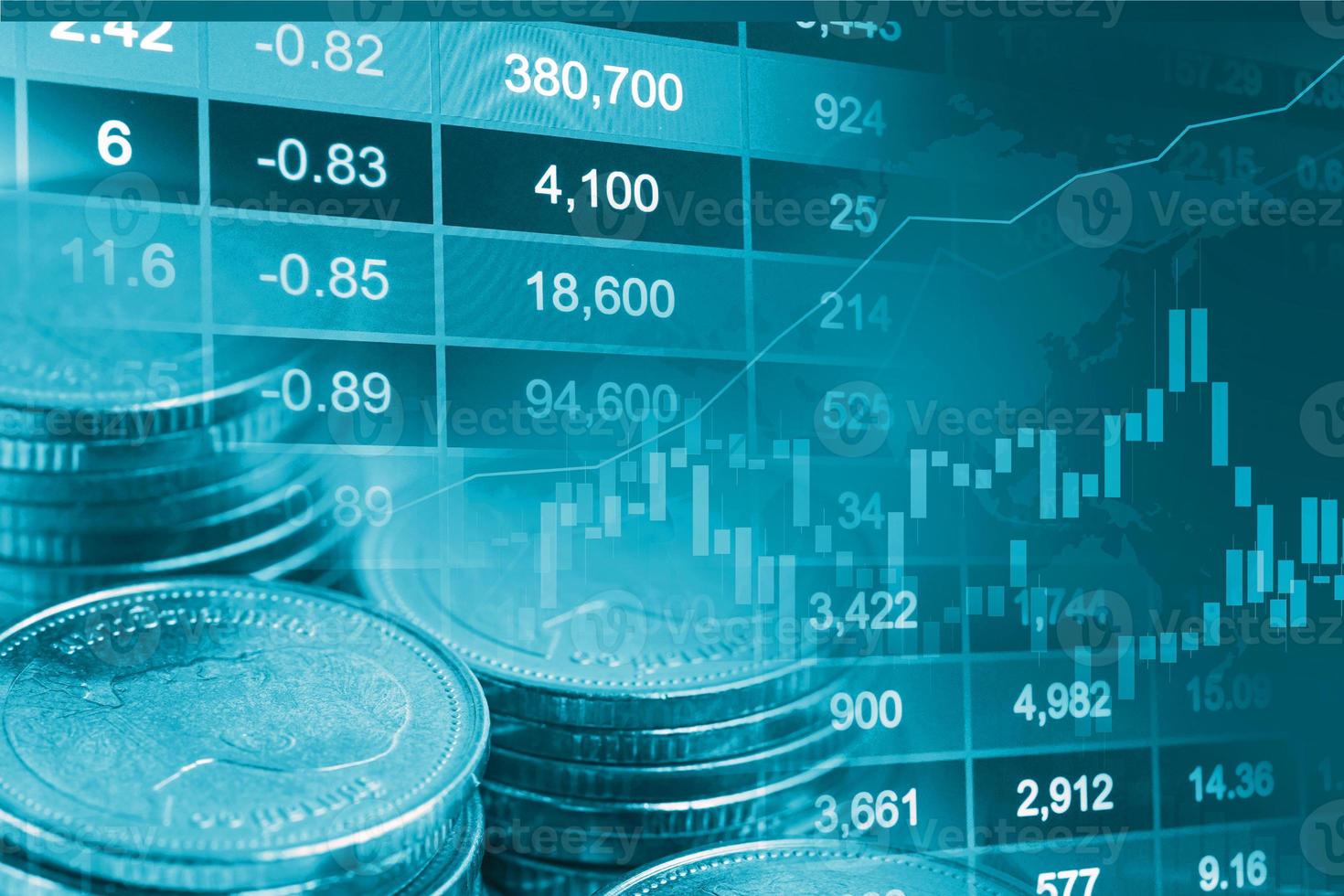 Börseninvestitionshandel mit Finanz-, Münz- und Diagrammdiagrammen oder Forex zur Analyse des Hintergrunds von Geschäftstrenddaten zur Gewinnfinanzierung. foto