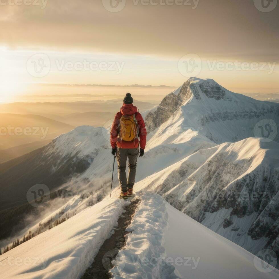 ai generiert lebendig Wildnis einsam Wanderer Silhouette beim golden Dämmerung foto