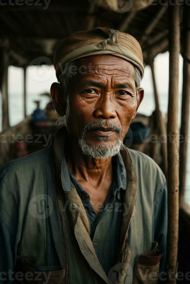 ai generiert Erzählungen von das Meer Erfassen das Wesen von ein indonesisch Fischer foto