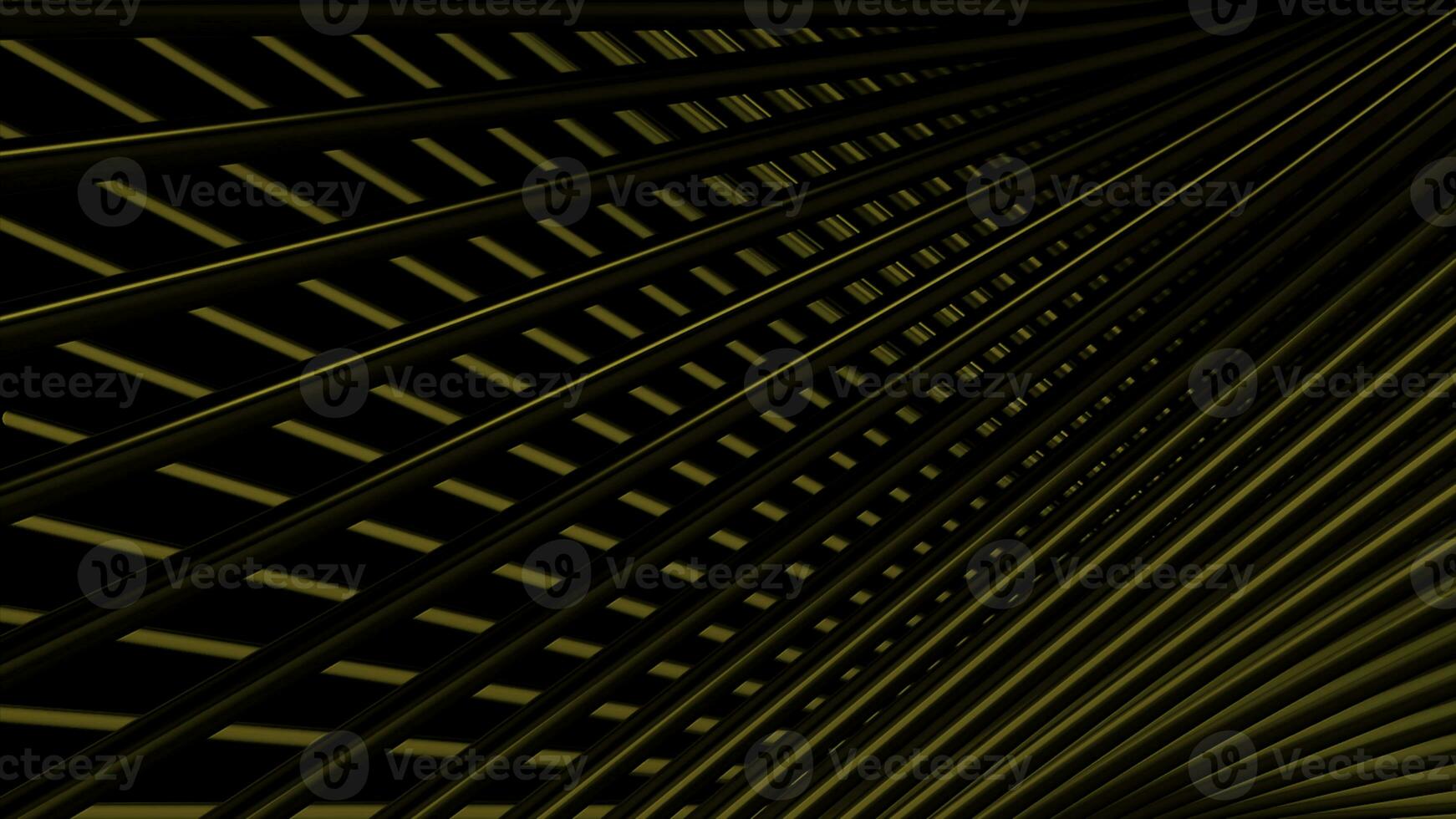 gekreuzt abstrakt golden Metall 3d Streifen fließend auf ein schwarz Hintergrund. Bewegung. optisch Illusion mit Metall Gitter Material. foto
