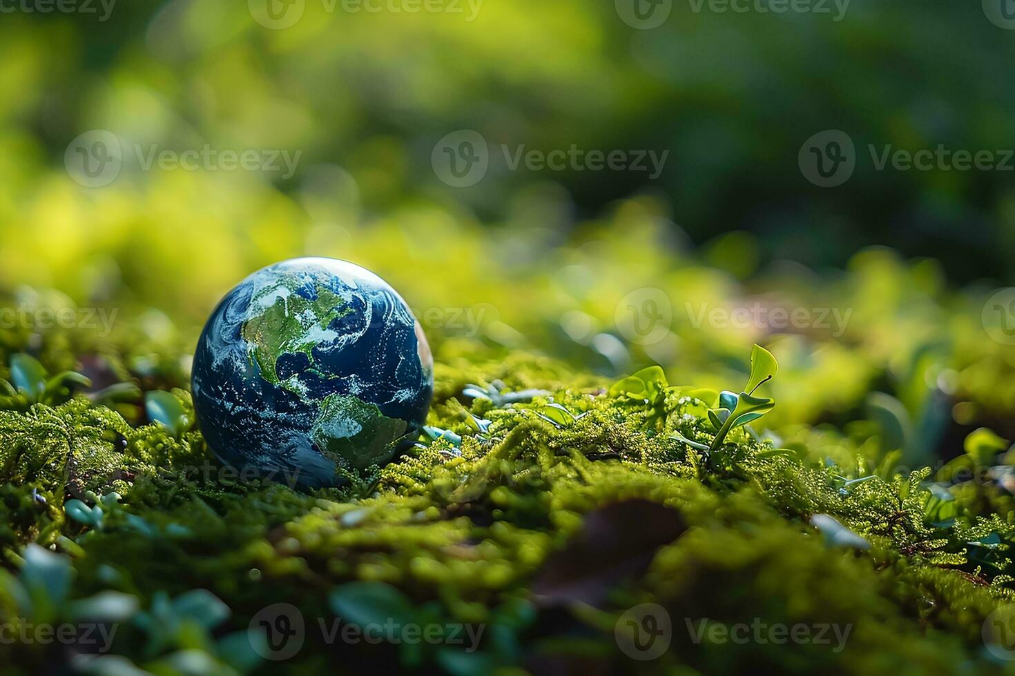 ai generiert global Erde auf Boden im Wald mit Farne und Sonne scheinen foto