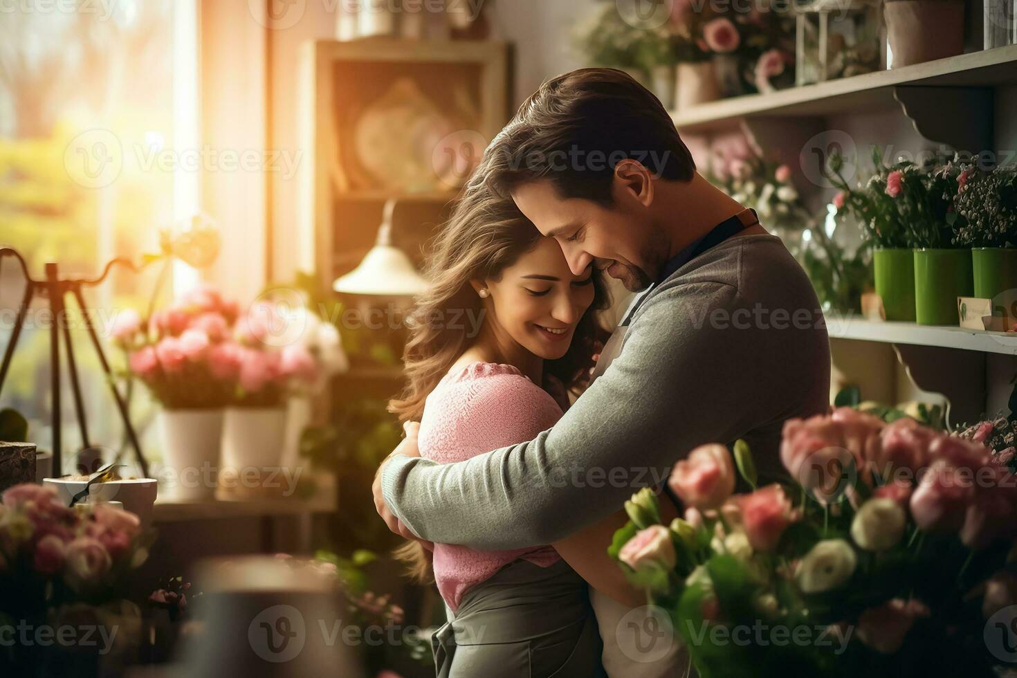 ai generiert romantisch Paar von Florist umarmen im Blume Geschäft foto