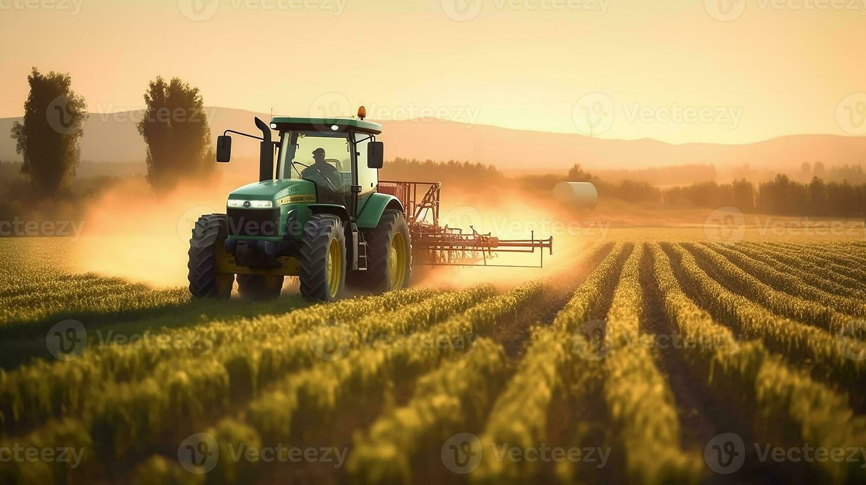 ai generiert ein Traktor Sprays Pestizide auf Plantage, Landwirtschaft foto