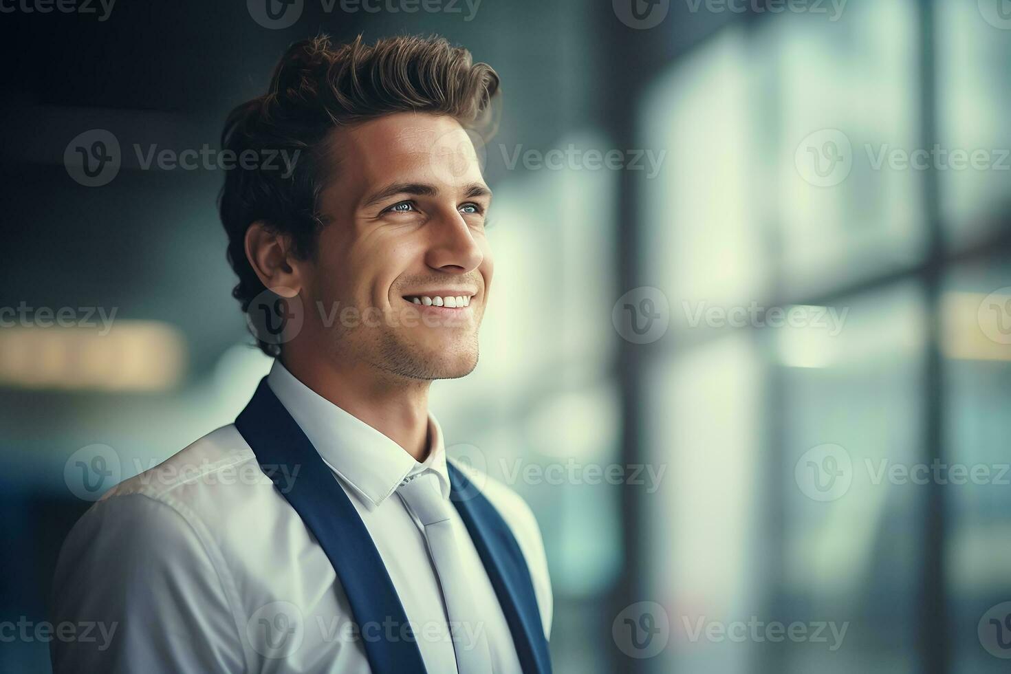ai generiert ein glücklich lächelnd Fachmann Mann, Licht verschwommen Büro Hintergrund, Nahansicht Aussicht foto