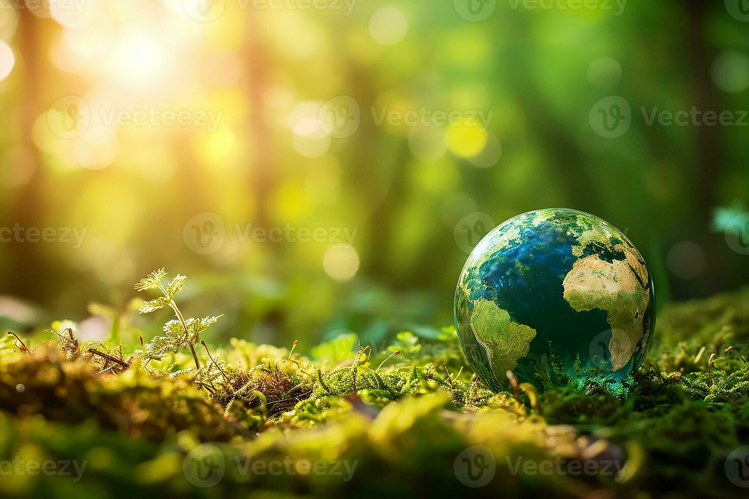 ai generiert global Erde auf Boden im Wald mit Farne und Sonne scheinen foto