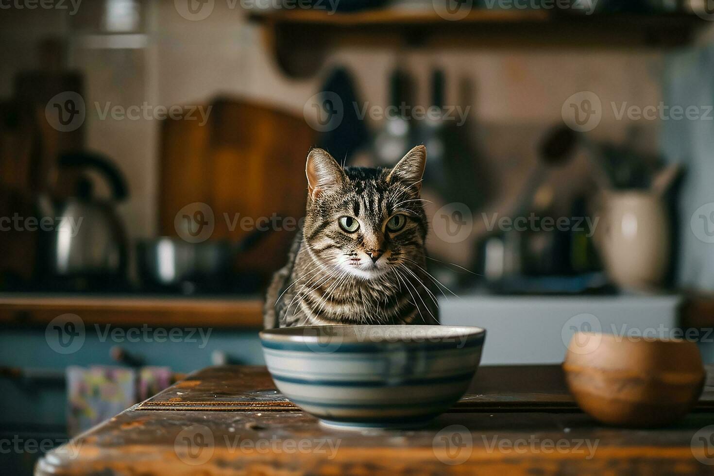 ai generiert hungrig Katze beim Zuhause Küche foto