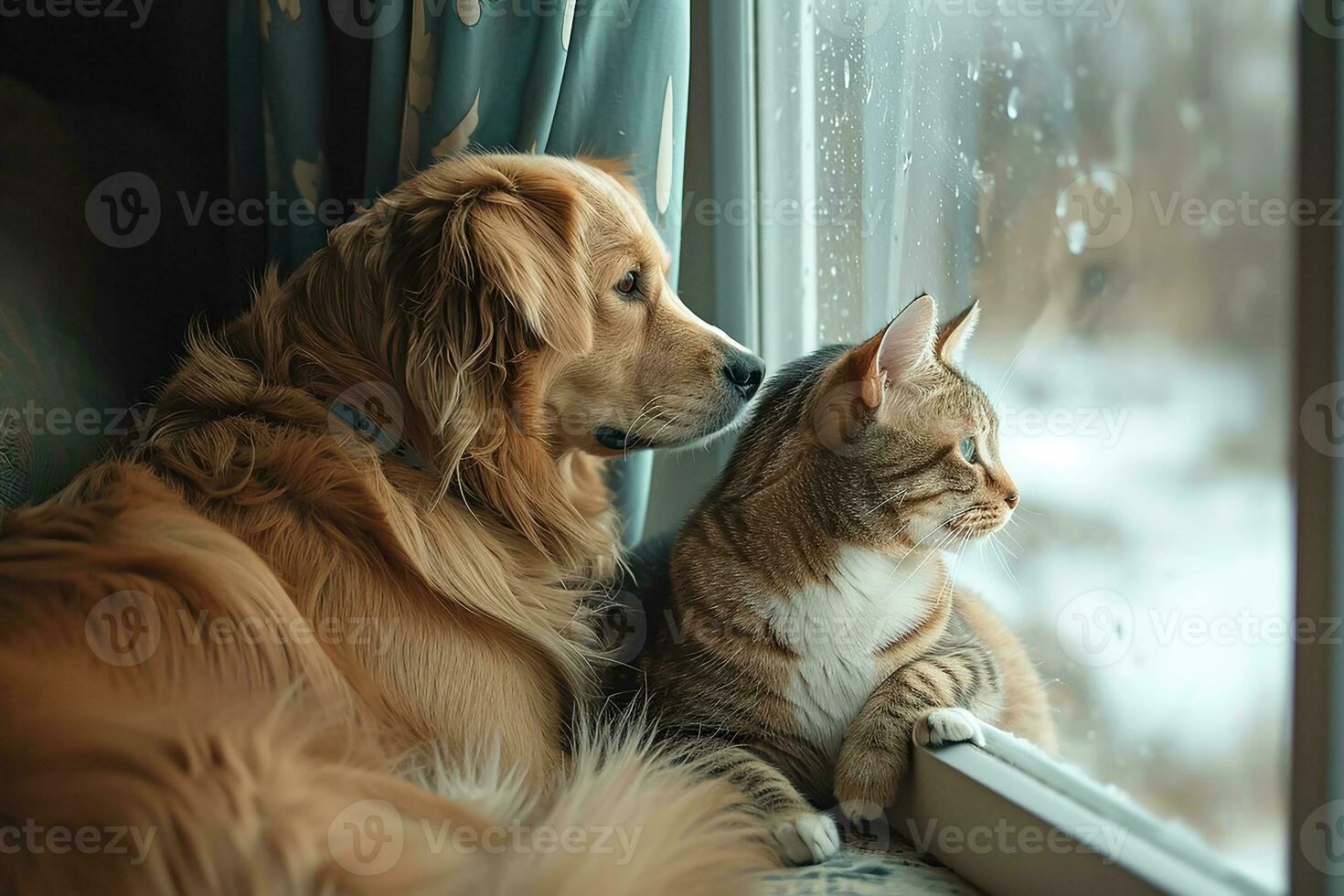 ai generiert Hund und Katze wie Beste Freunde, suchen aus das Fenster zusammen foto