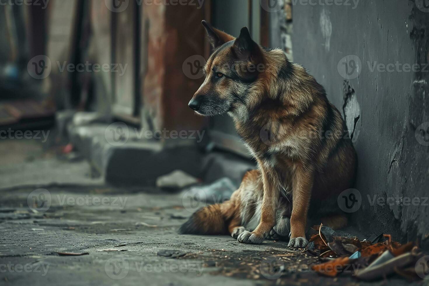 ai generiert streunend obdachlos Straße Hund foto