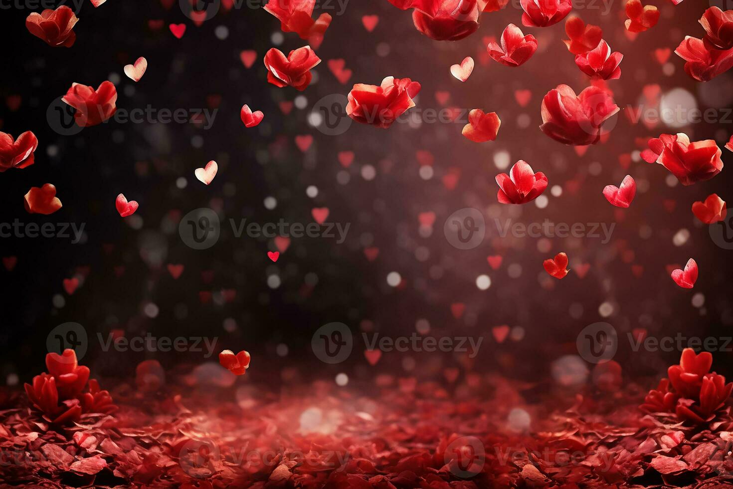 ai generiert Herz gestalten 3 Steine auf rot Farbe Hintergrund, glücklich Valentinstag Tag Konzept foto