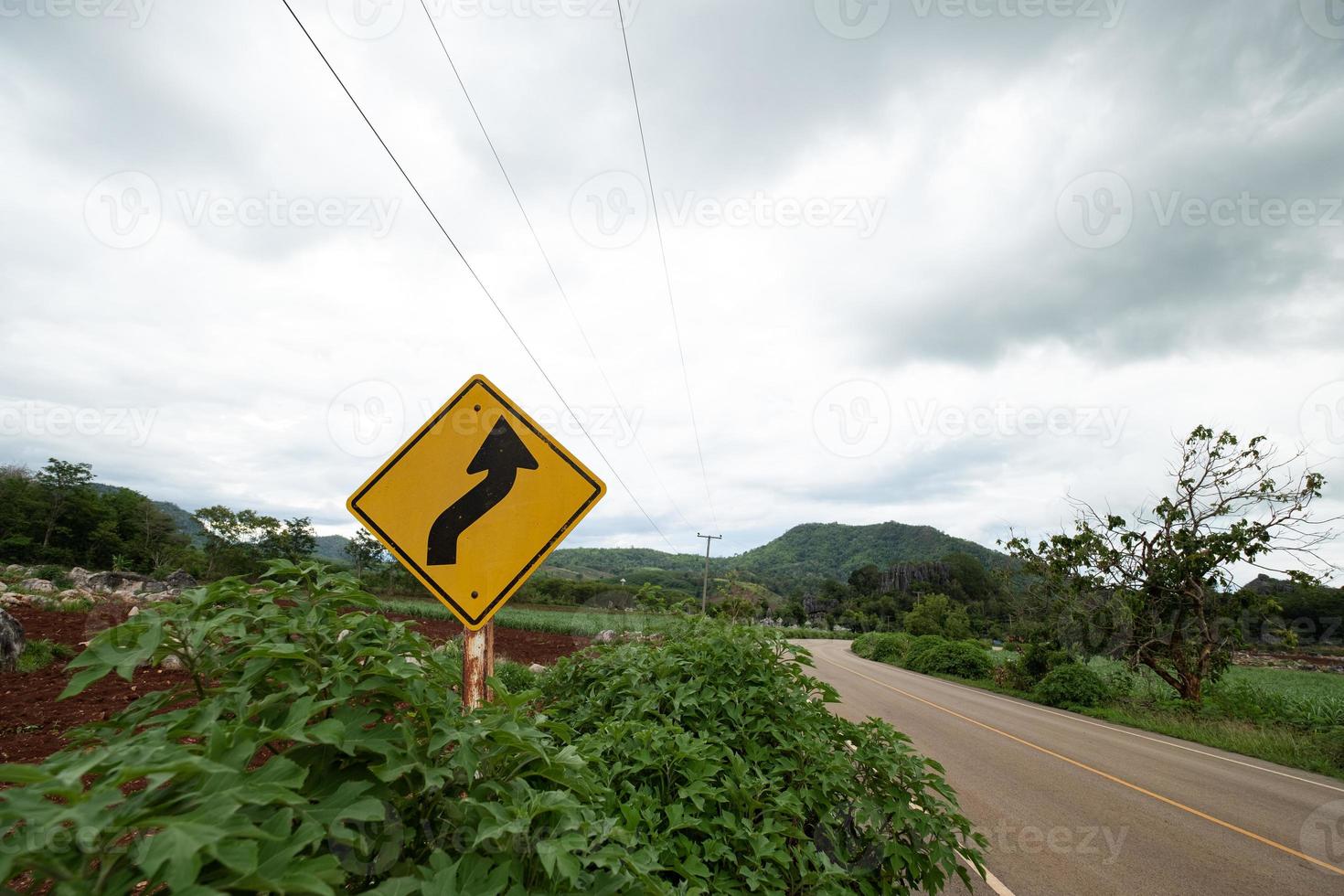 gelbe Verkehrszeichen warnen vor kurvenreicher Straße vor grünem Gras im Hintergrund foto