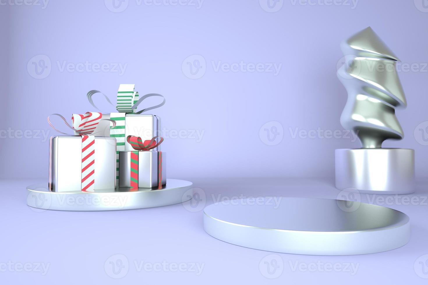 Weihnachtshintergrund mit Weihnachtsbaum und Bühne für die Produktpräsentation. 3D-Rendering. foto