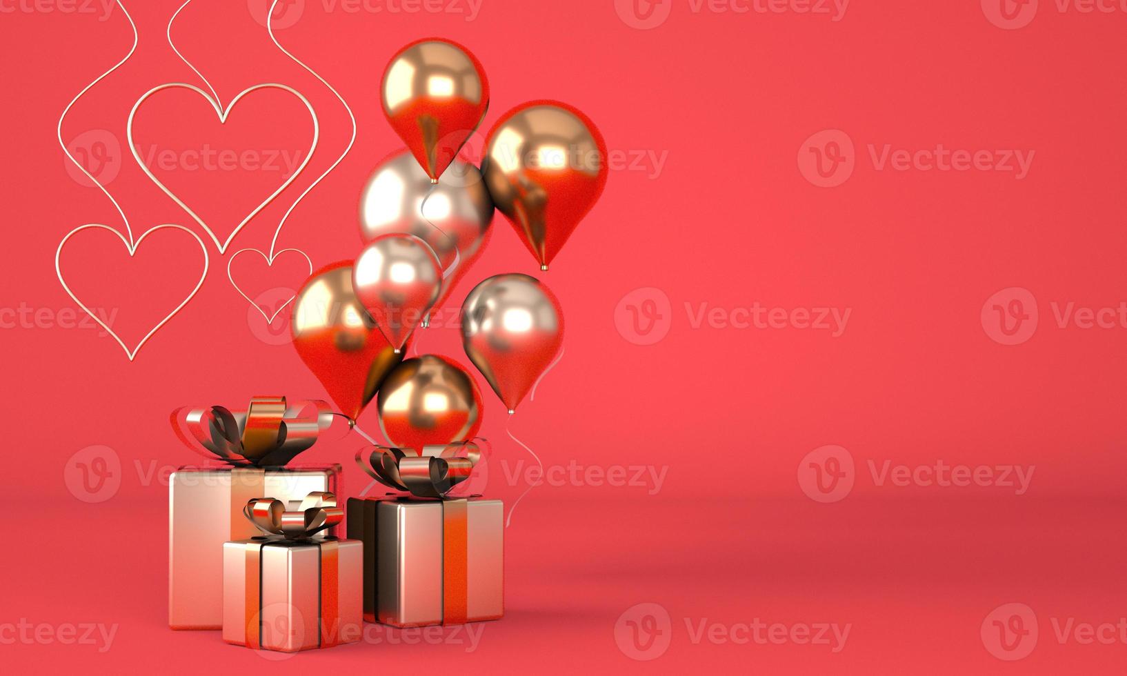 Valentinstag. Hintergrund mit realistischer festlicher Geschenkbox. romantisches geschenk. goldene Herzen. 3d. foto