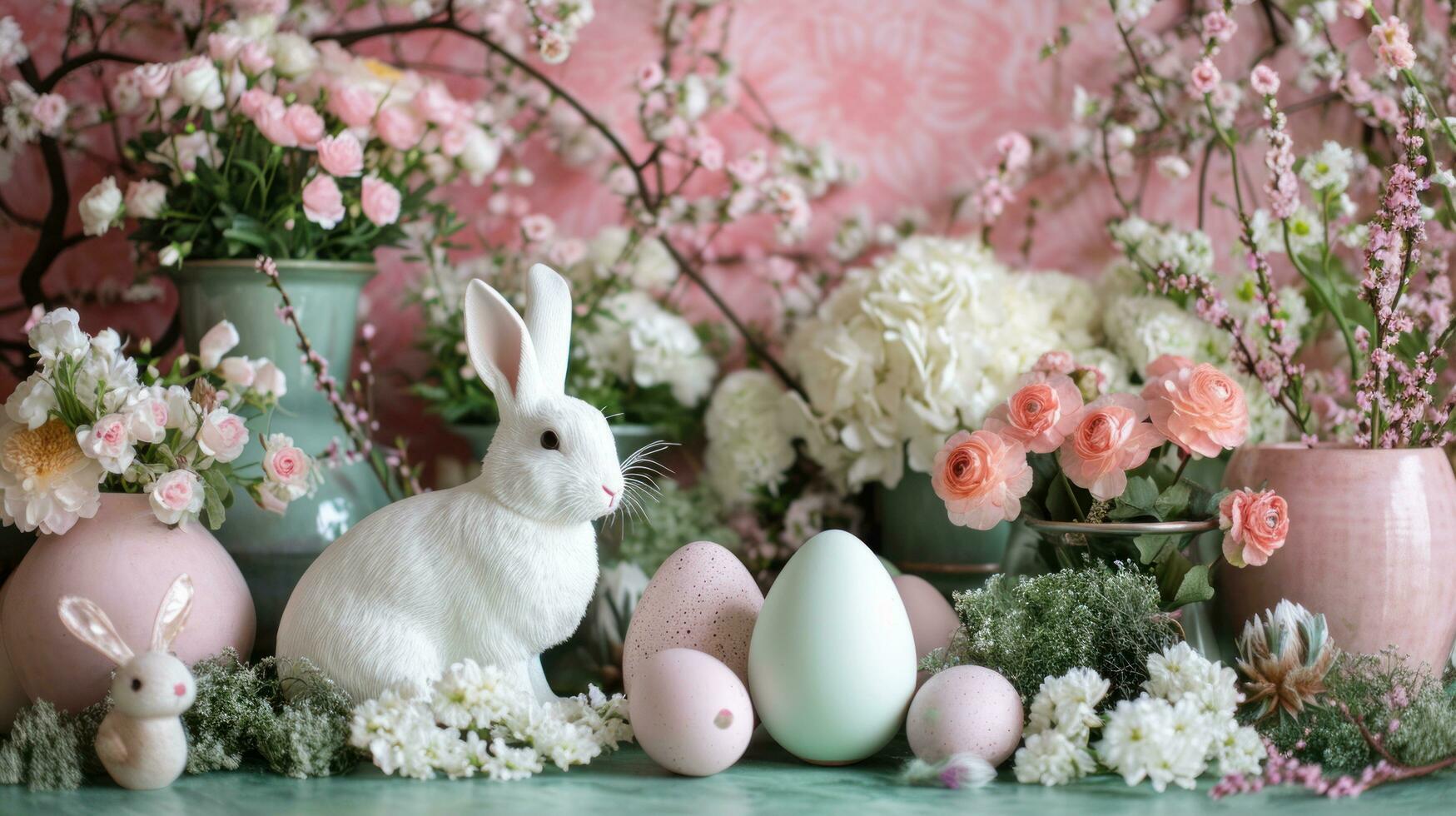 ai generiert sanfter Farbton Eier, Hasen, und Frühling blüht erstellen ein wunderlich Ostern Wunderland foto