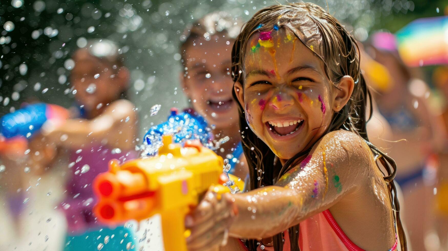 ai generiert Wasser Waffen, spielerisch Spritzer, und Regenbogen Streams definieren ein lebhaft holi Wasser Kampf foto