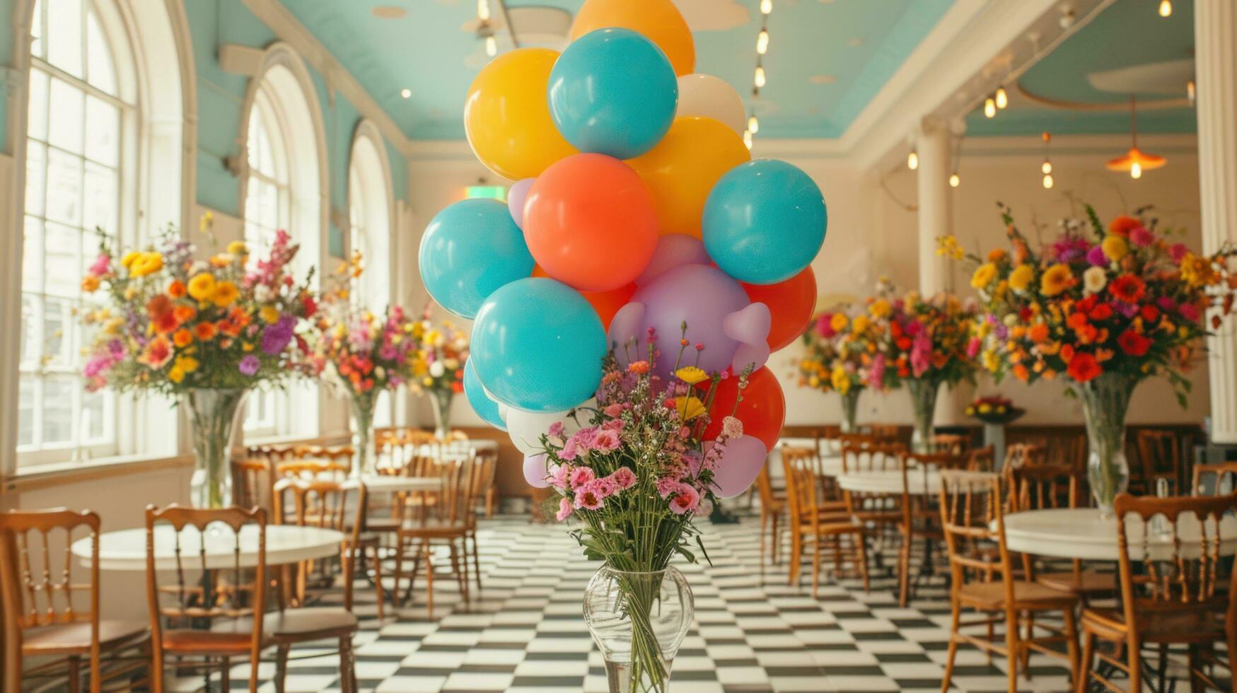 ai generiert wunderlich Dekor, beschwingt Luftballons, und froh Festlichkeit erstellen ein lebhaft und zauberhaft Party Ambiente foto