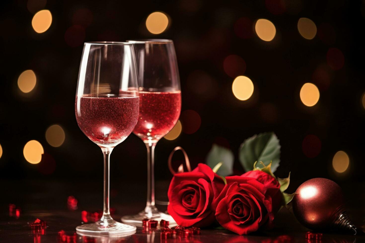 ai generiert zwei Brille von Wein und ein Rose Über Wein rot Licht foto