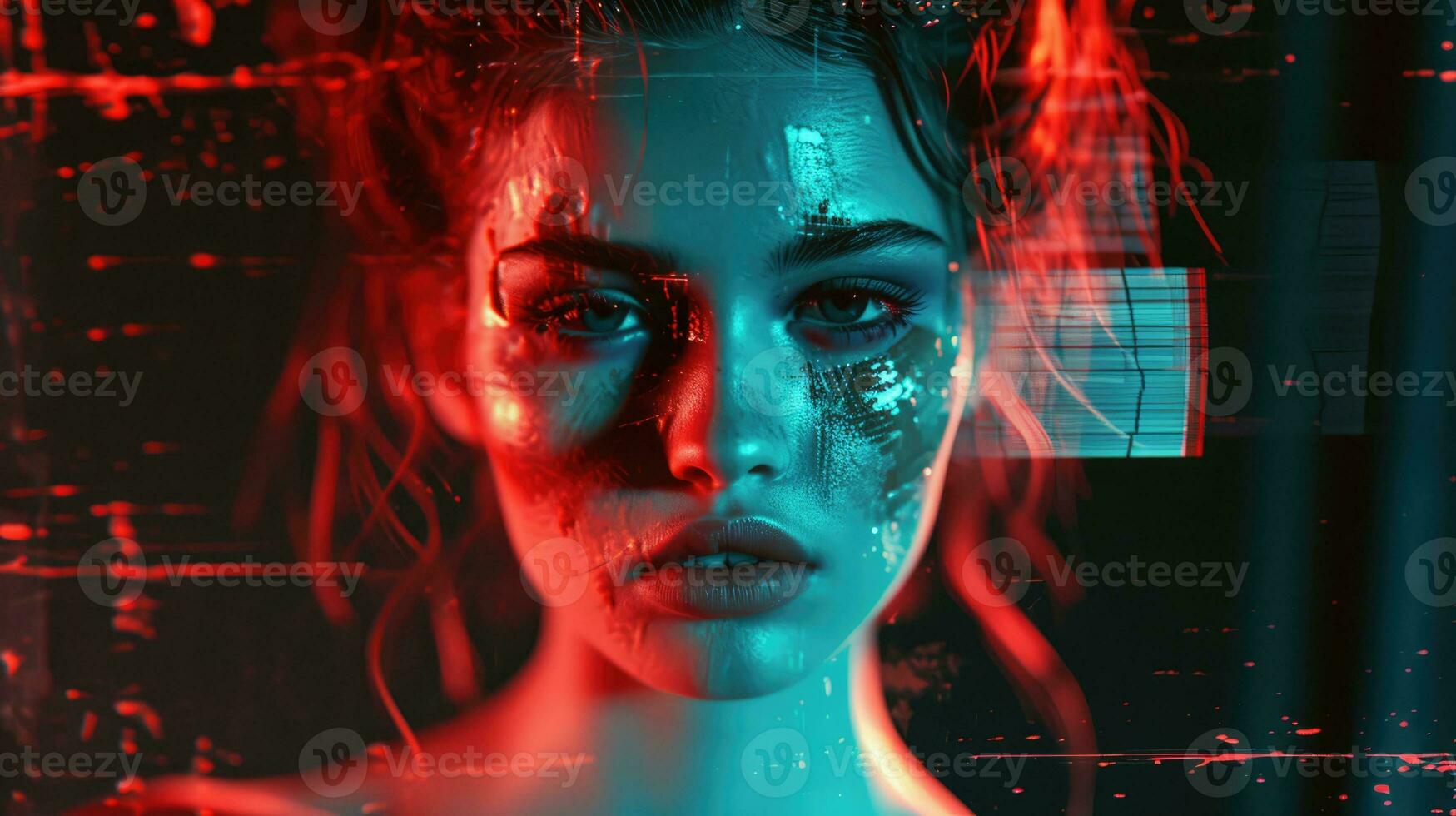 ai generiert generativ ai, Modell- Frau Porträt im Cyberpunk Stil, Foto mit beschädigt körnig Textur