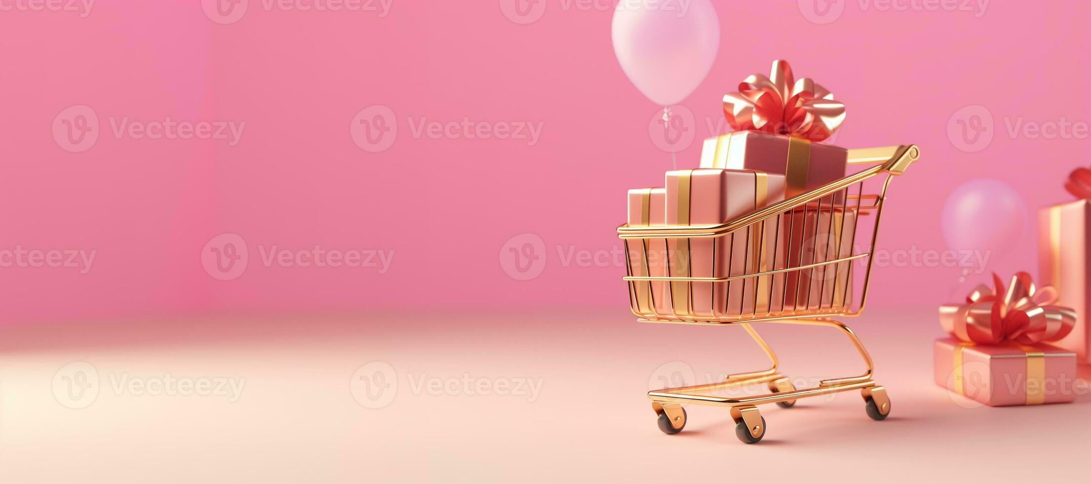 ai generiert generativ ai, golden und Rosa Einkaufen Wagen mit viele Geschenk Kisten auf Rosa Hintergrund, Valentinstag Tag Konzept, Rabatt und Verkauf. foto