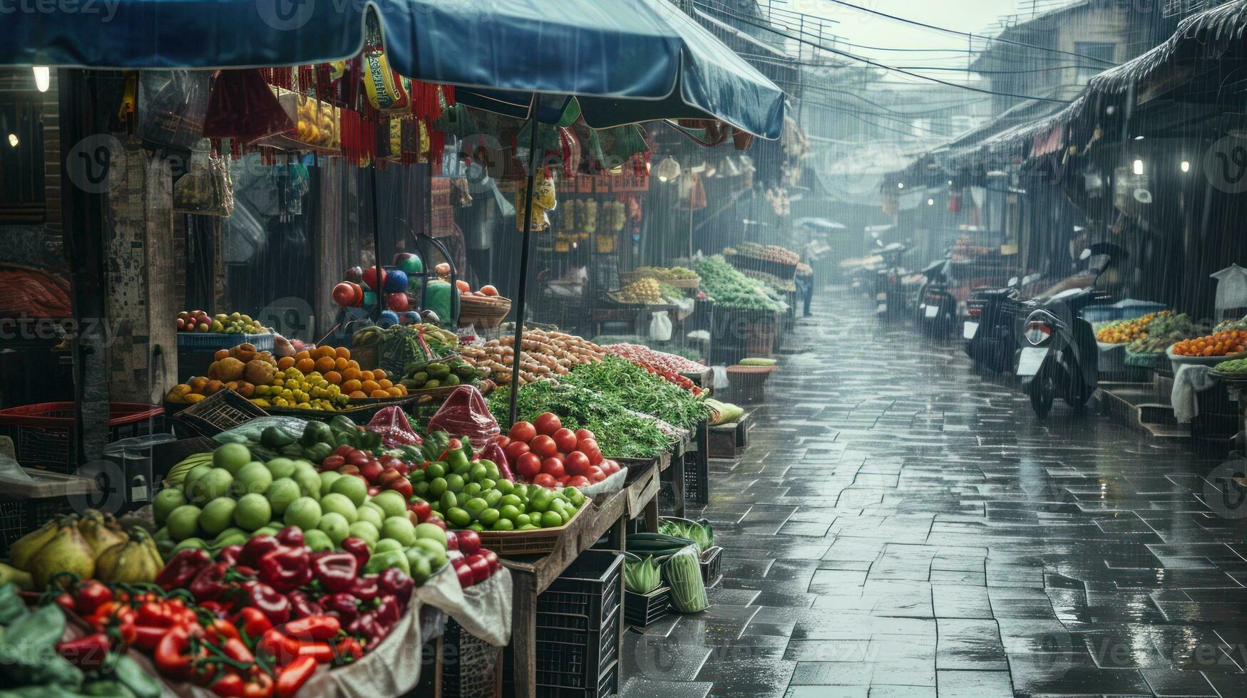 ai generiert generativ ai, traditionell orientalisch asiatisch Markt mit Früchte und Gemüse unter das Regen mit Regenschirme foto