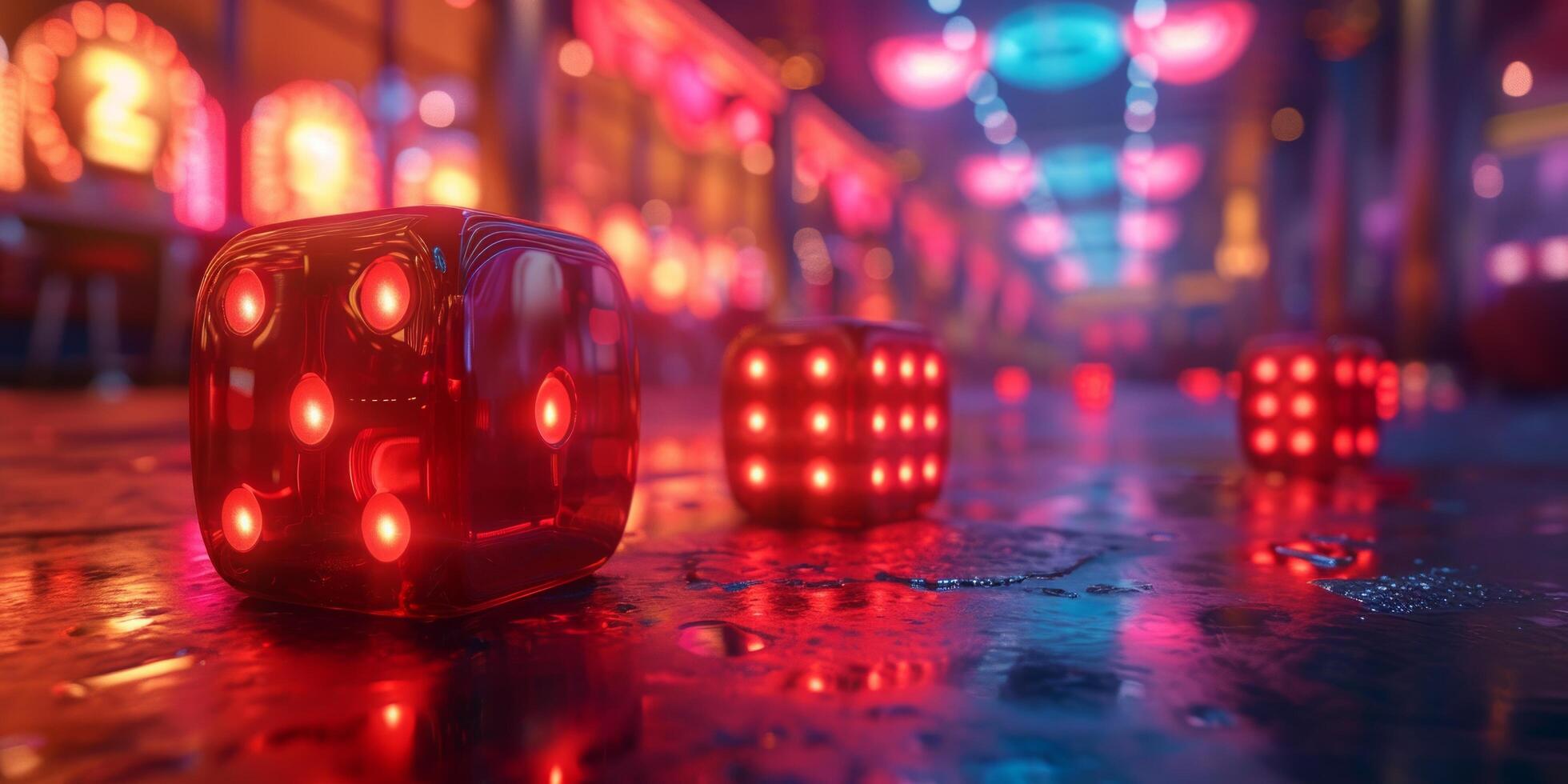 ai generiert rot Würfel auf ein Kasino Fußboden mit rot Licht Glühbirnen foto