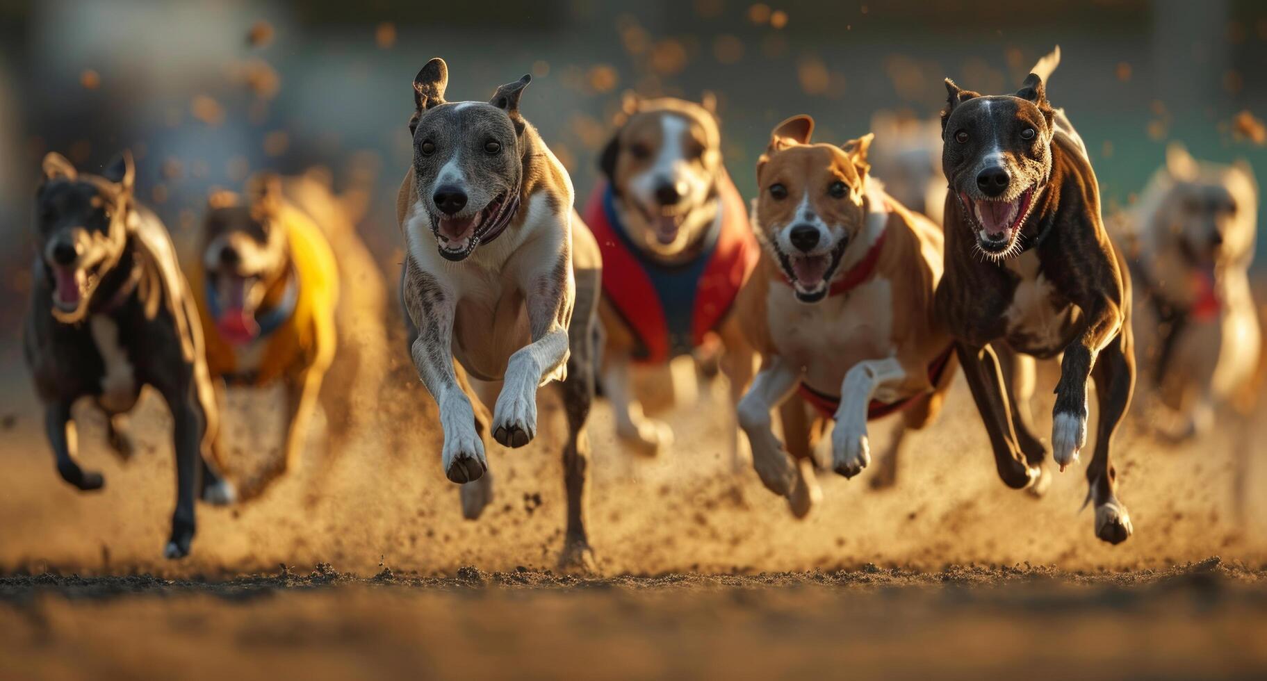 ai generiert ein Gruppe von Windhunde Laufen auf ein Spur foto