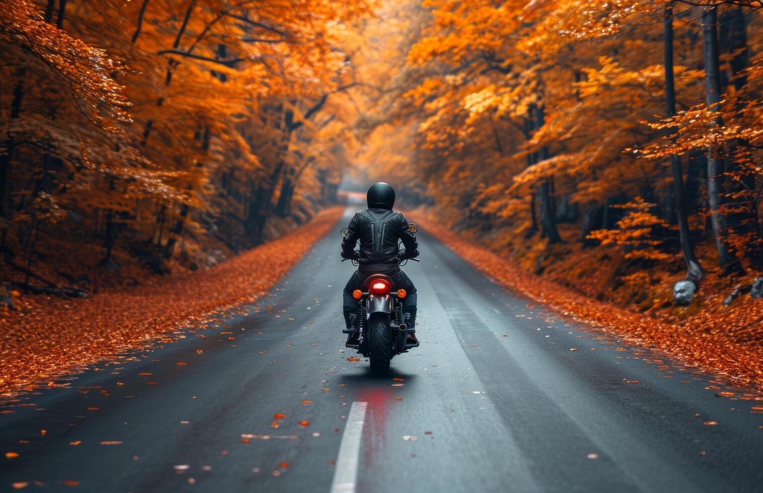 ai generiert ein Mann Reiten ein Motorrad Nieder das Straße im Herbst foto