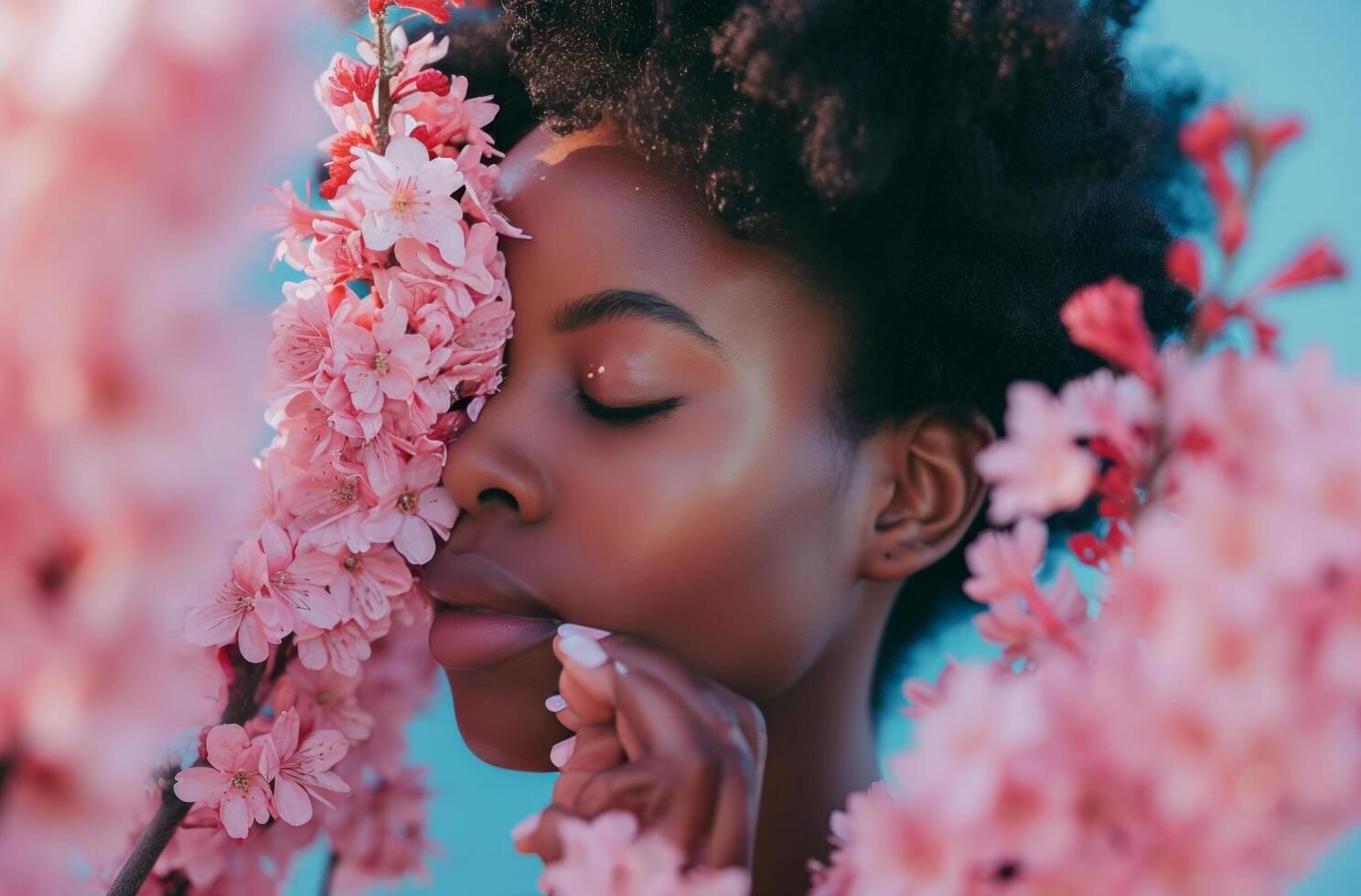 ai generiert jung schwarz Frau riechen ein Bündel von Rosa Blumen foto