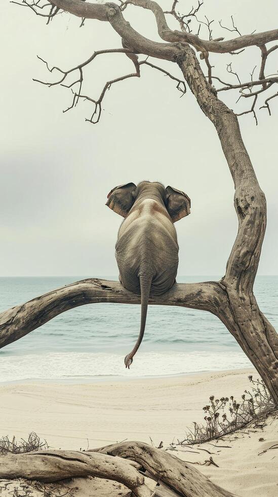 ai generiert ein Elefant Sitzung auf ein blattlos Ast foto