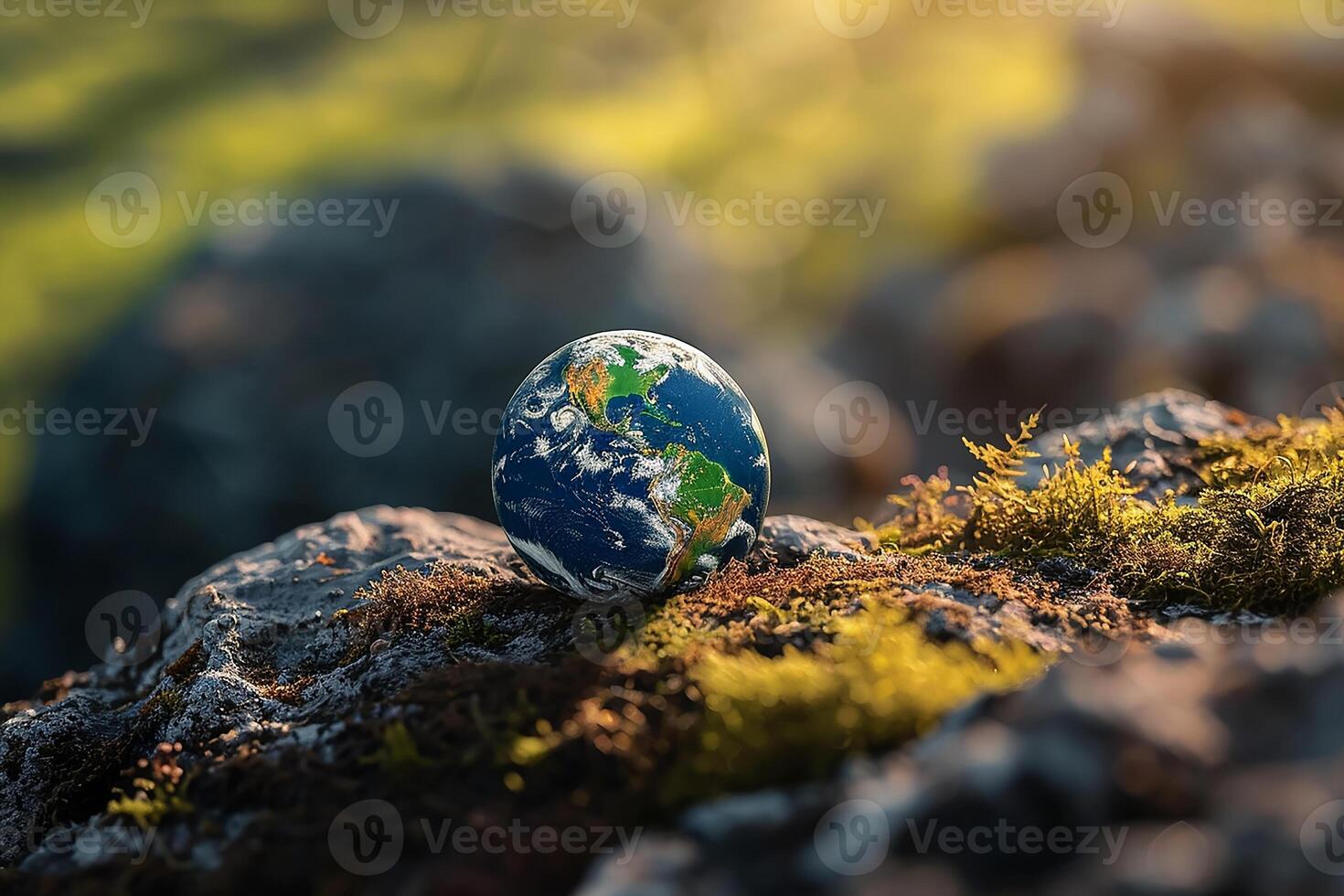 ai generiert global Erde auf Boden im Wald mit Farne und Sonne scheinen foto