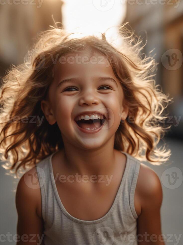 ai generiert süß wenig Mädchen Lachen glücklich im das Stadt während Morgen Zeit foto