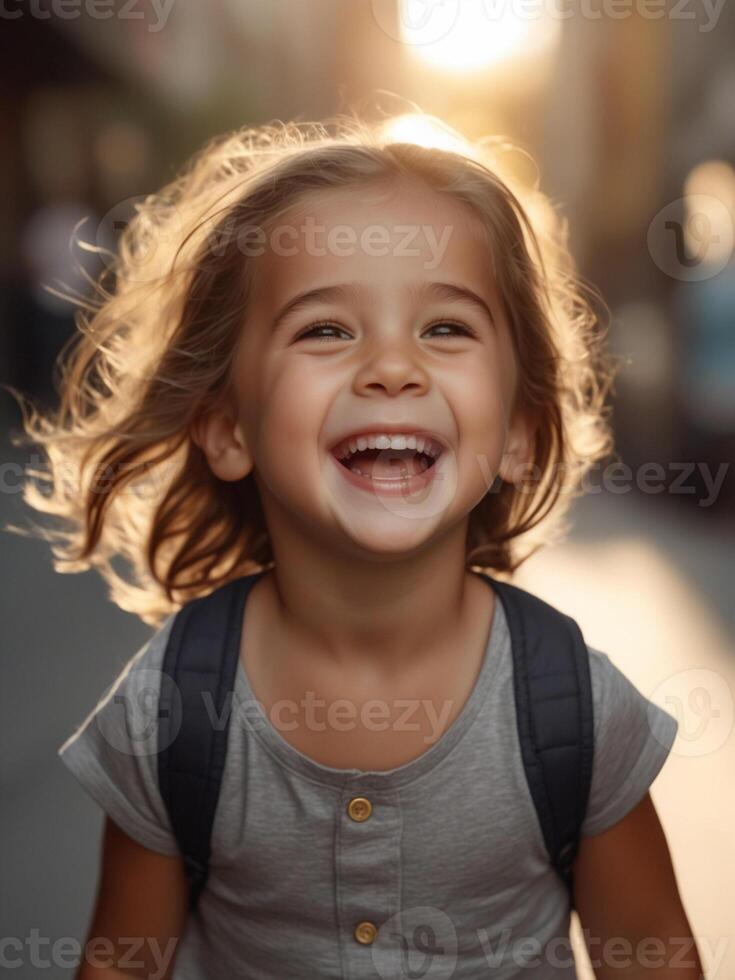 ai generiert süß wenig Mädchen Lachen glücklich im das Stadt während Morgen Zeit foto