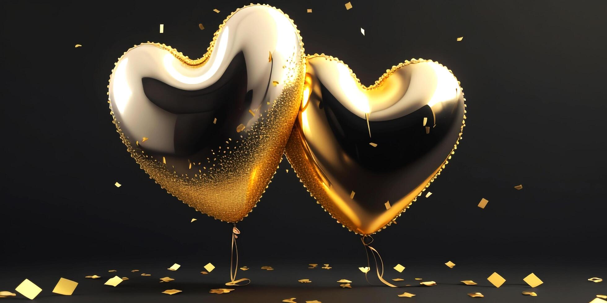 ai generiert Gold und Silber Farbe Liebe gestalten Luftballons mit 3d Rendern schwarz Hintergrund foto