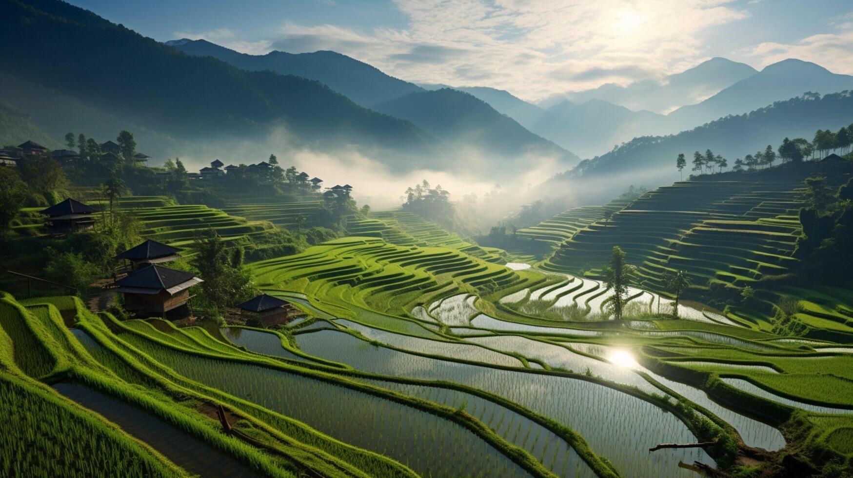 ai generiert Reis Paddy Terrassen Landschaft Hintergrund foto