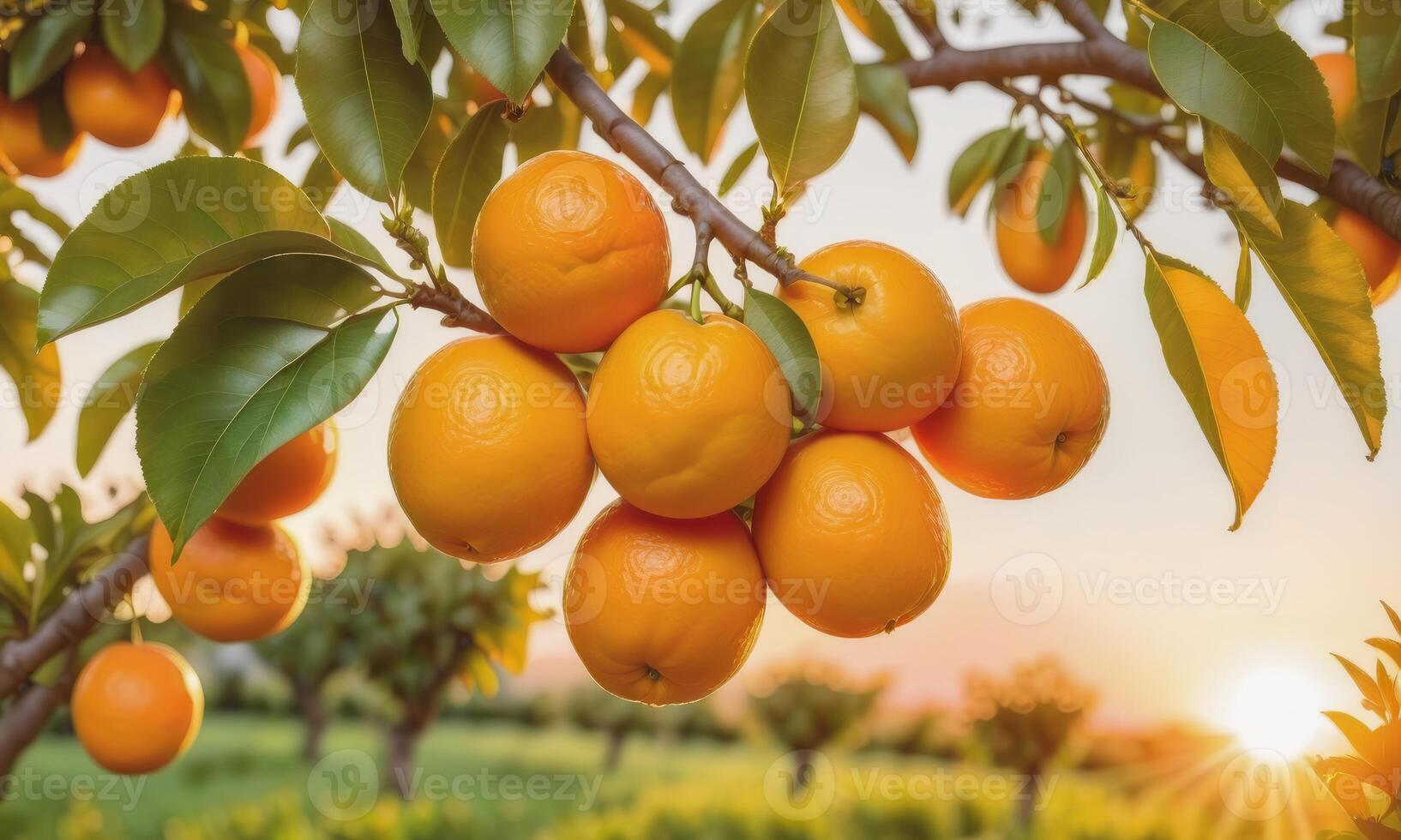 ai generiert Orange auf ein Baum Ast im das Garten beim Sonnenuntergang foto
