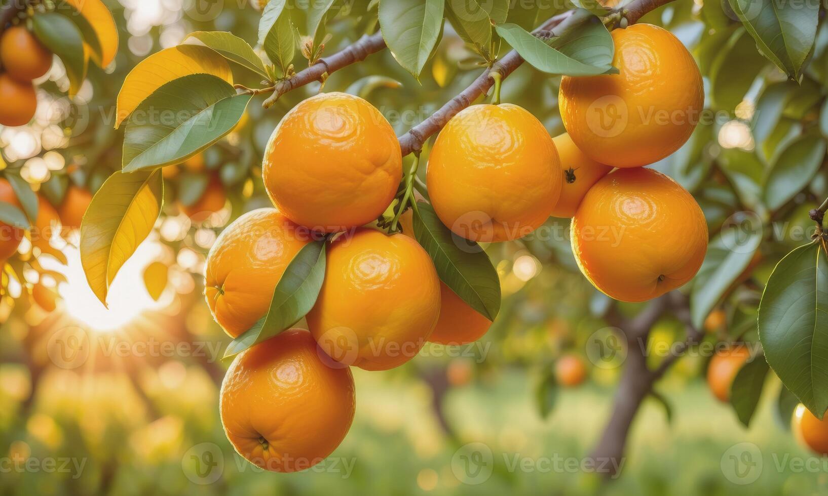 ai generiert Orange auf ein Baum Ast im das Garten beim Sonnenuntergang foto