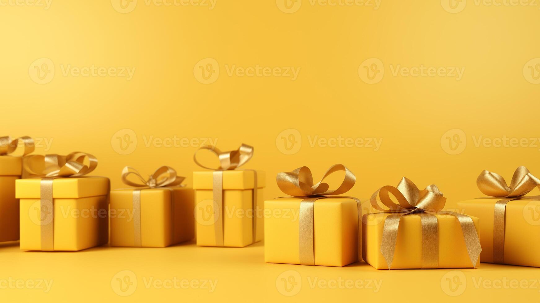 ai generiert Gelb Geschenk Kisten mit Bänder auf ein Gelb Hintergrund. festlich Hintergrund mit Platz zum Text foto