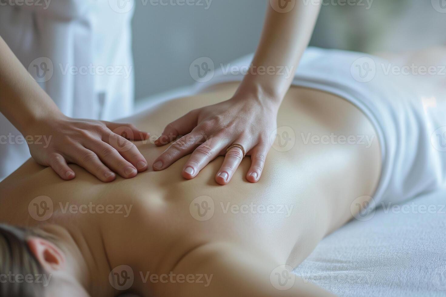 ai generiert Nahansicht von ein jung Frau Empfang zurück Massage im Spa Salon foto