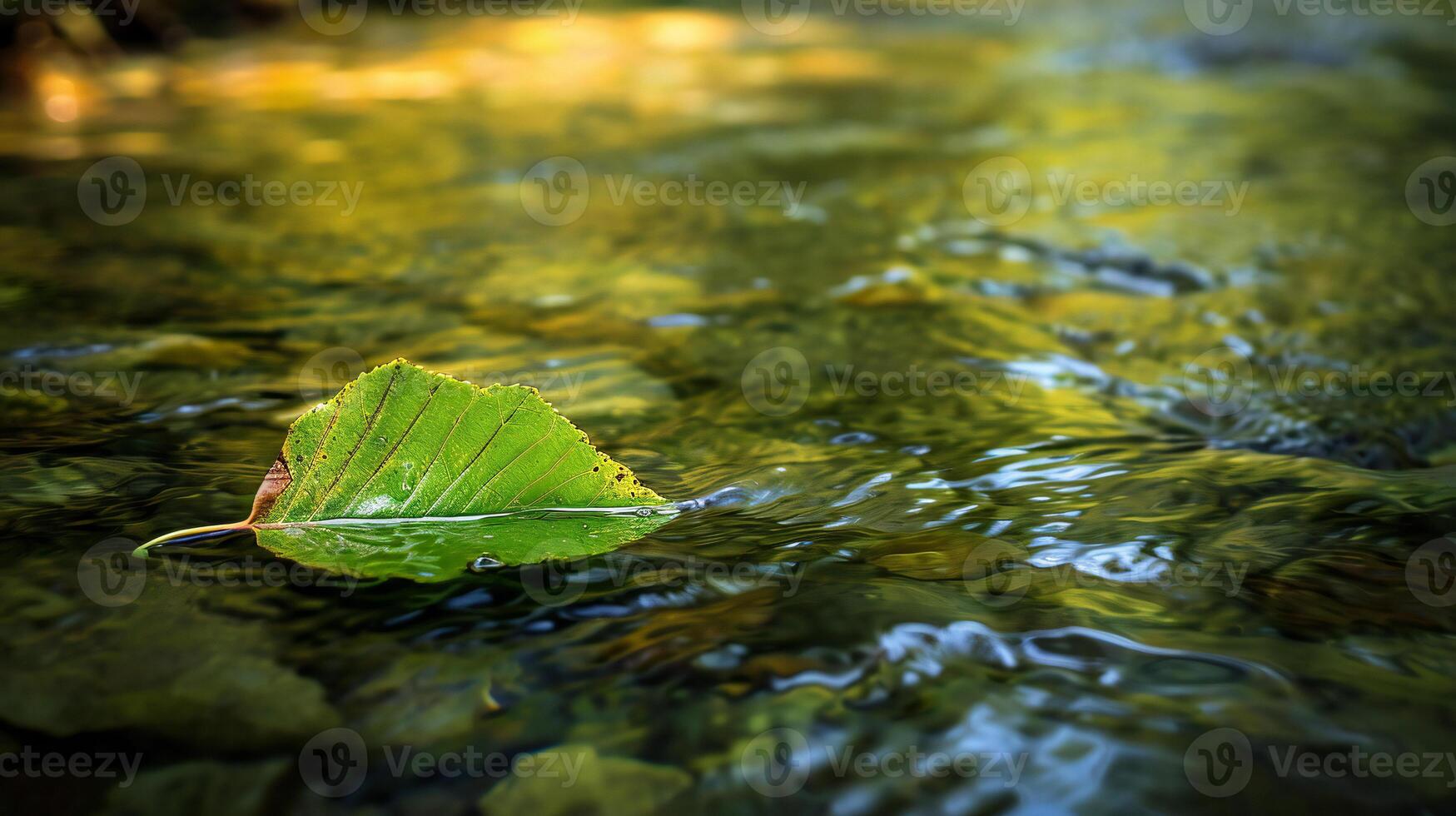 ai generiert ein Blatt schwimmt im ein Strom von Wasser foto